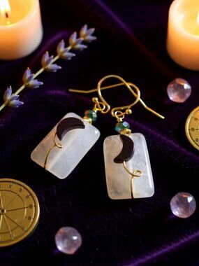 HANDMADE!!! OOAK! Feminine Essence! Quartz + Purple Moon Dangle Earrings